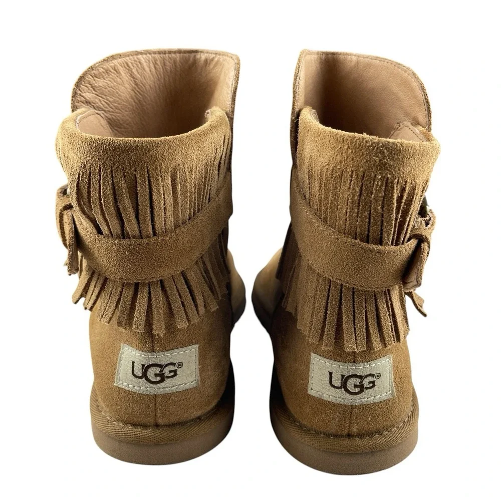 UGG Women's Cara Ankle Boots Size 8 Chestnut Suede Buckle Fringe Pull On Western